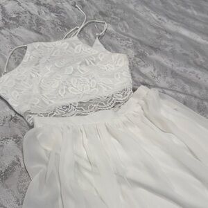 Lulu’sWhite Maxi Skirt and lace top  - Elegant Flowing Skirt with slit - medium